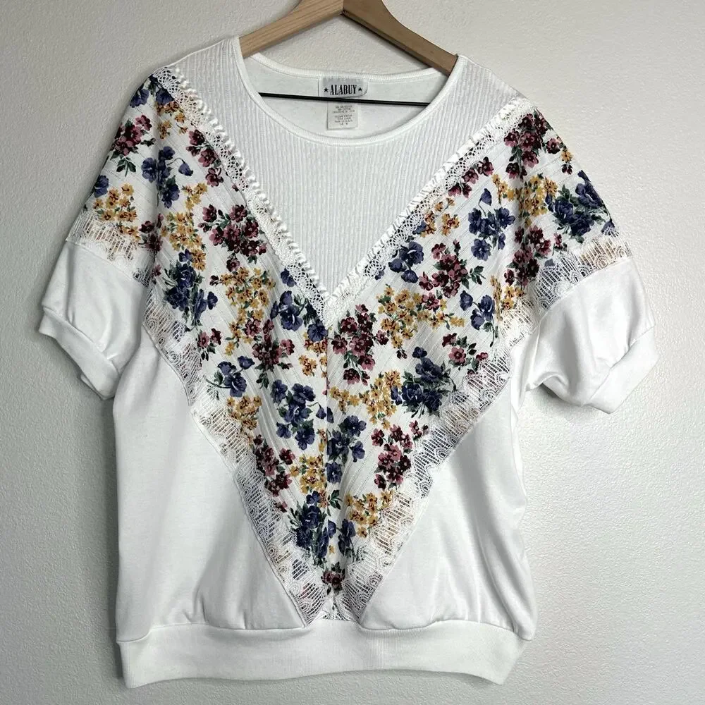 Vintage USA Made Floral Lace Cottagecore Shirt By Alabuy Sz L Grandma Granny